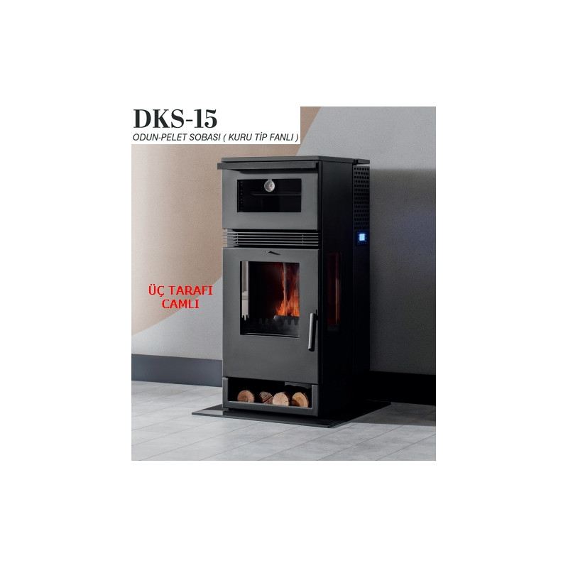 DAİWA DKS-15 PELET & ODUN SOBASI KUZİNELİ ÜÇ TARAFI CAMLI ( KURU TİP FANLI ) (Kargo Bedava)
